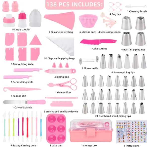 138 Piece PINK Baking Kit   Complete Cake Decorating Set   Russian Nozzles  Silicone Bags   Tools