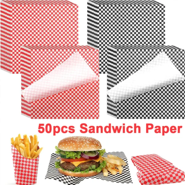 50PCS Checkboard Food Grade Wax Paper Food Wrapping Paper Fried Food Anti Oil Pad Paper Baking Paper